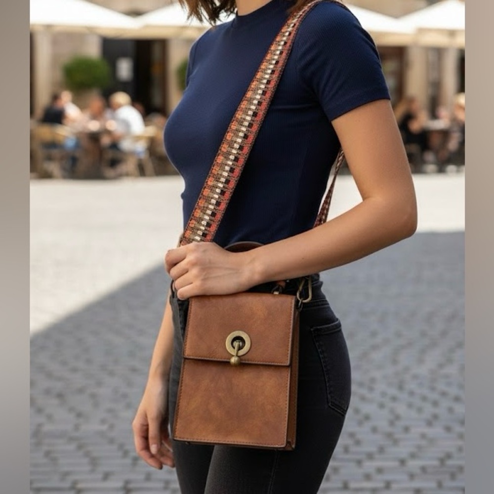 Chic Brown Crossbody Bag with Colorful Strap